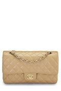 Chanel,  Beige Quilted Caviar Classic Double Flap Medium, Beige