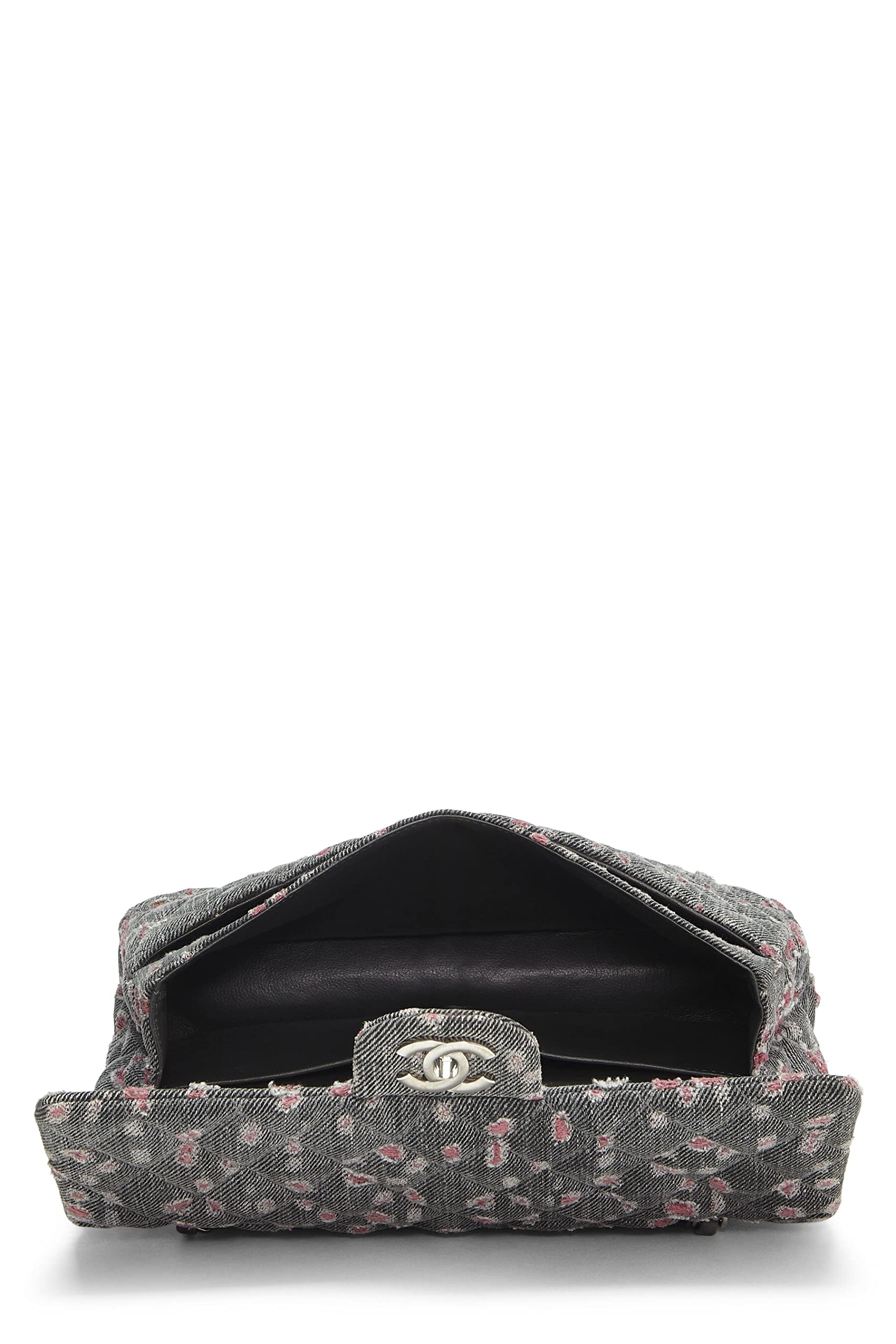 Chanel,  Grey & Pink Distressed Denim Classic Double Flap Medium, Pink