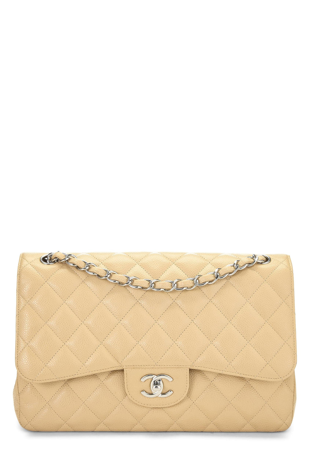 Chanel,  Beige Quilted Caviar New Classic Double Flap Jumbo, Beige