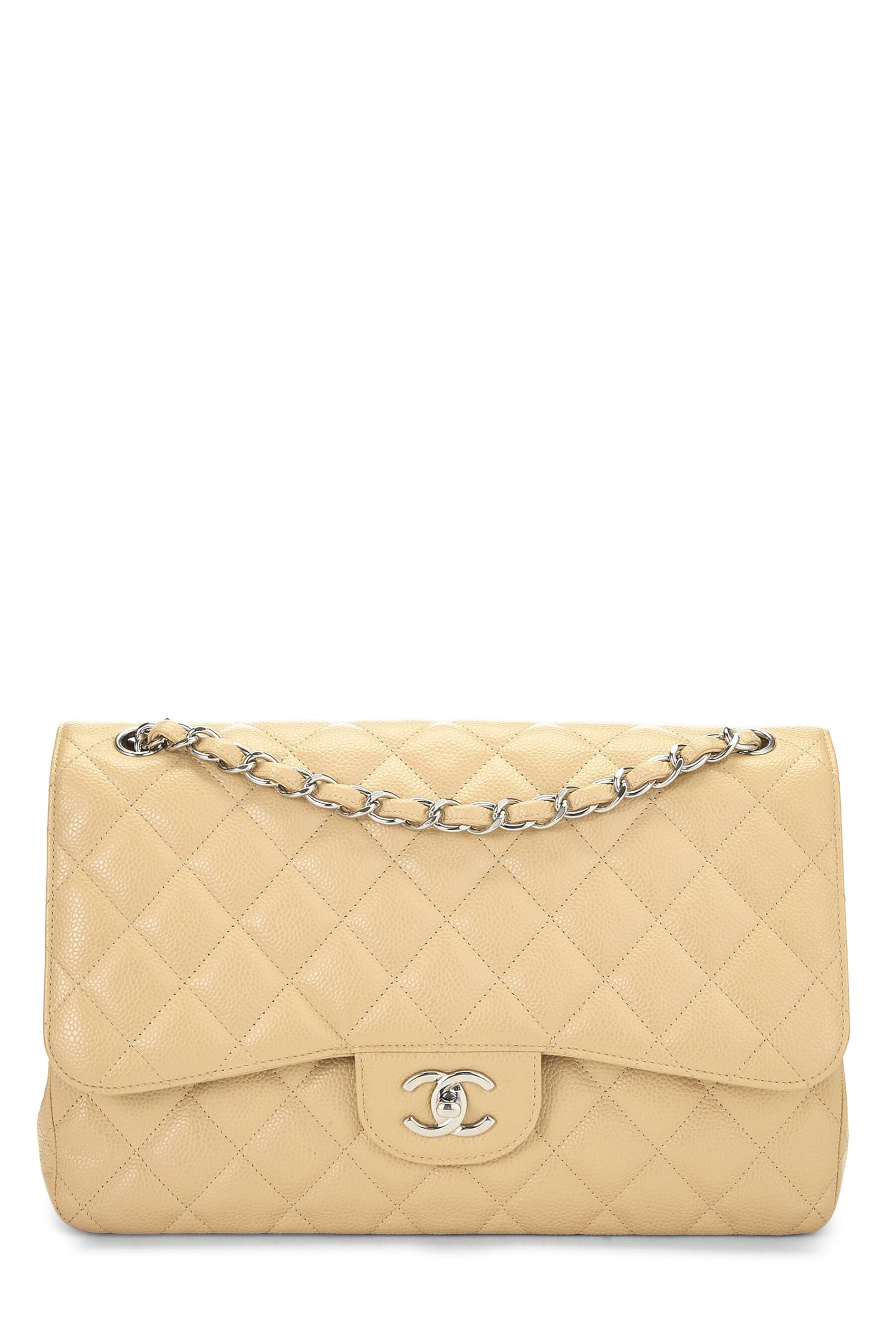 Chanel,  Beige Quilted Caviar New Classic Double Flap Jumbo, Beige