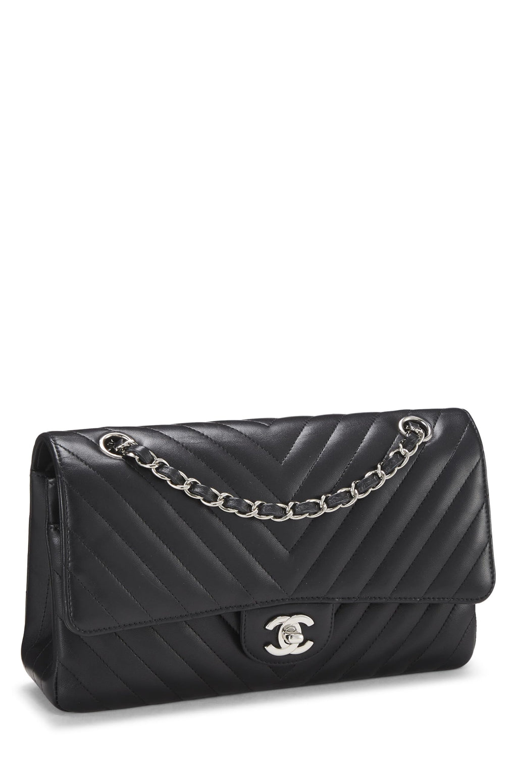 Chanel,  Black Chevron Lambskin Classic Double Flap Medium, Black