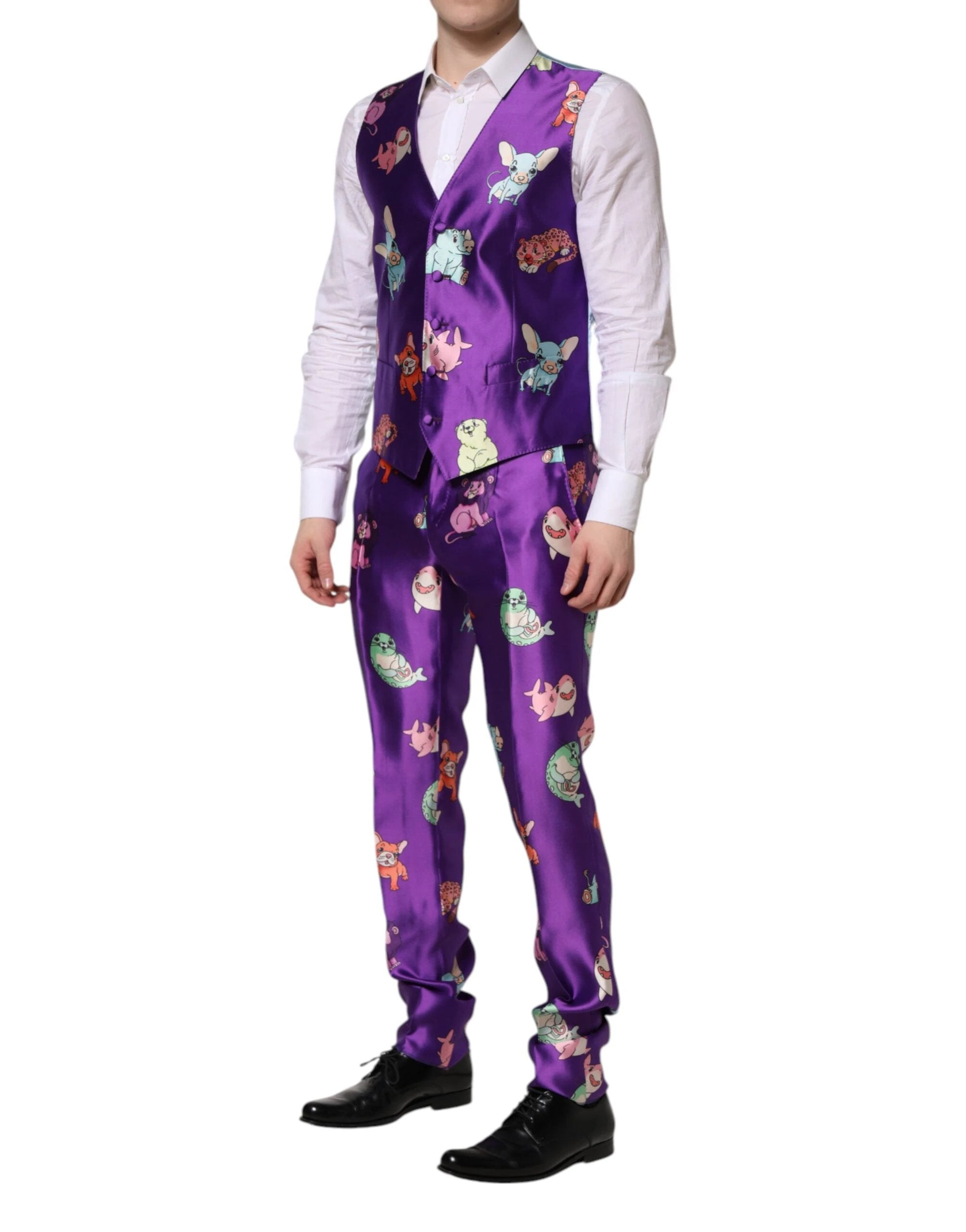 Dolce & Gabbana Purple Silk Animal Print 3 Piece Suit