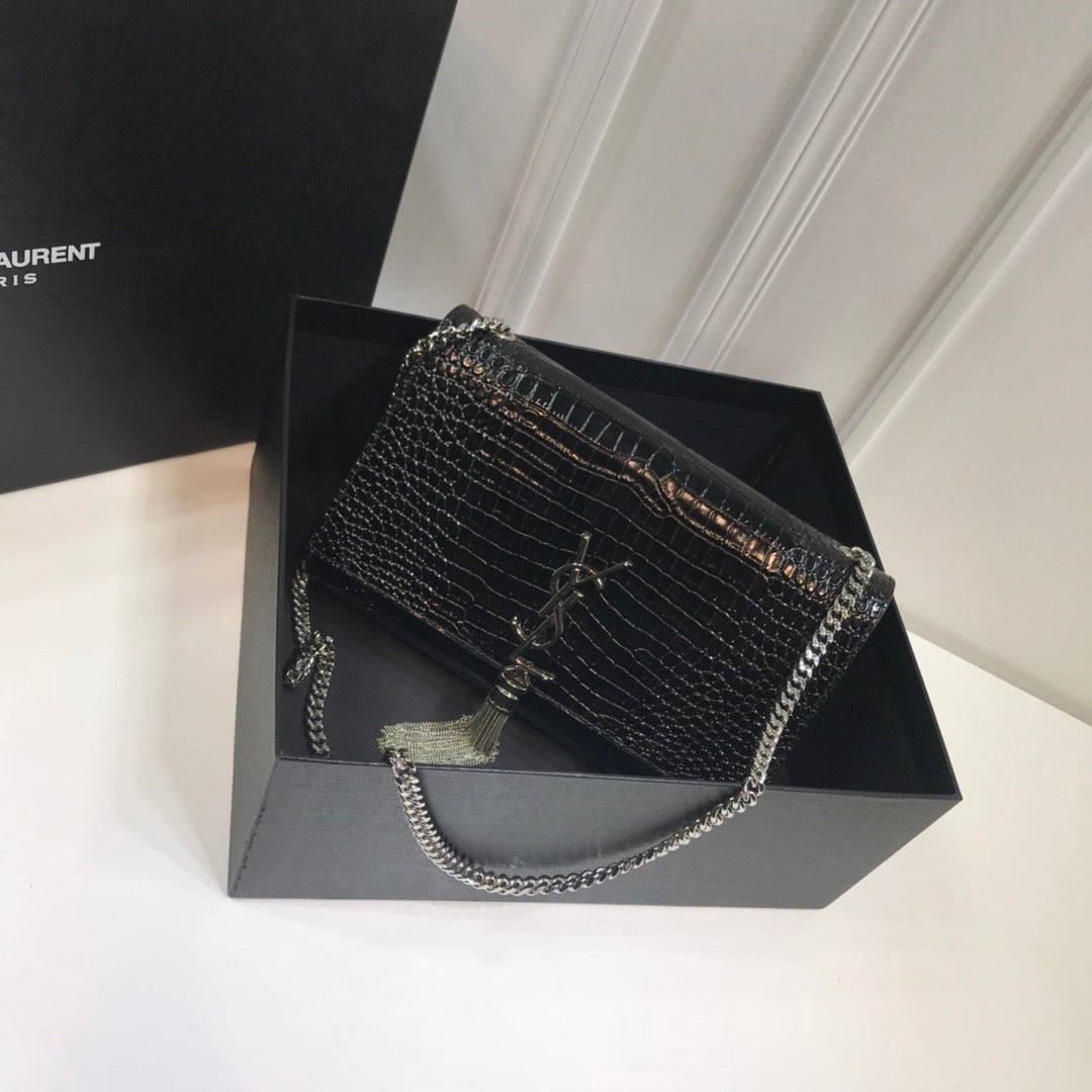 YSSL Kate Medium Chain Bag With Tassel In Embossed Crocodile Black For Women 9in/24cm YSL 354119DND0N1000