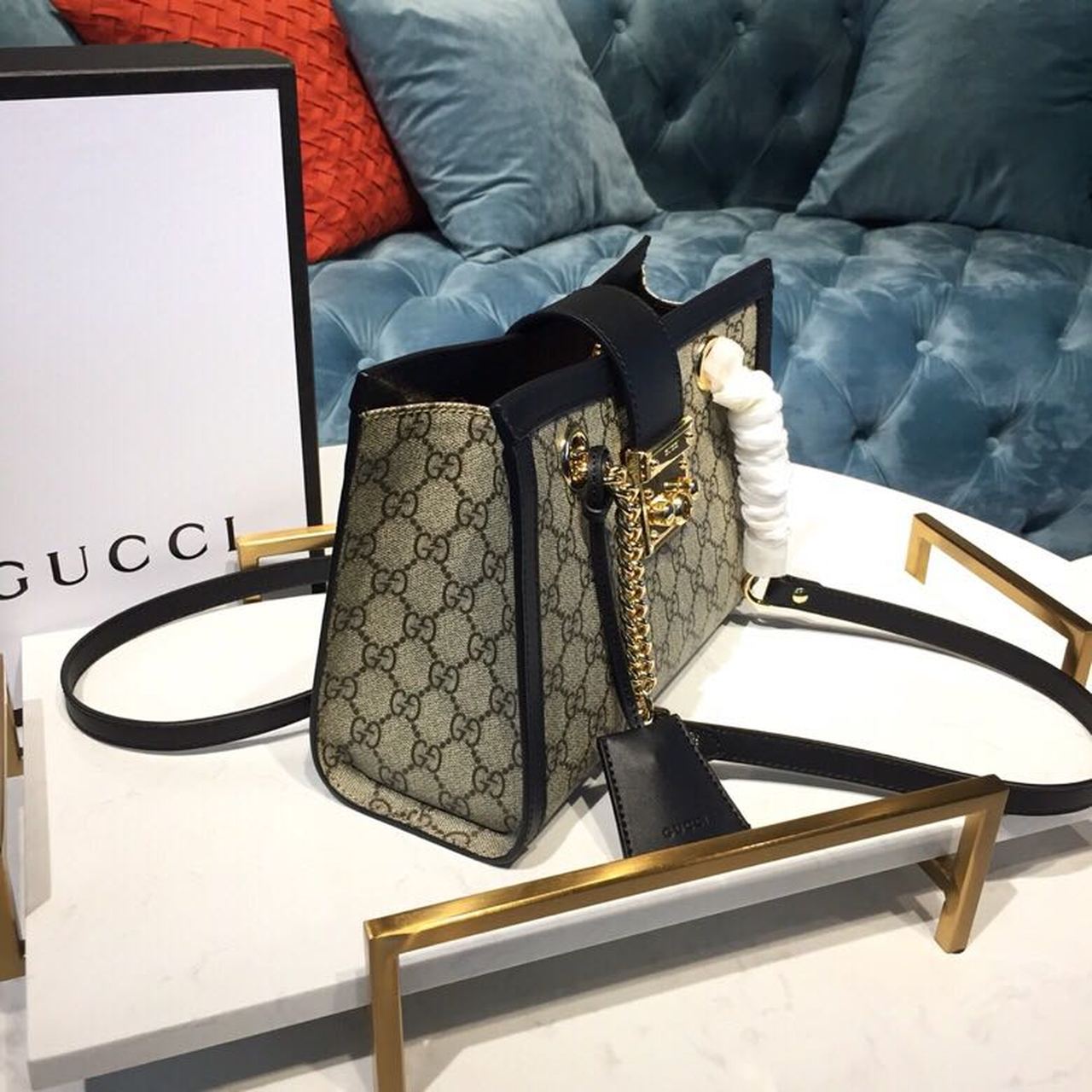 Gucci Padlock Small Gucci Shoulder Bag Beige/Ebony Gucci Supreme Canvas With Black For Women 10in/26cm Gucci 498156 KHNKG 9769