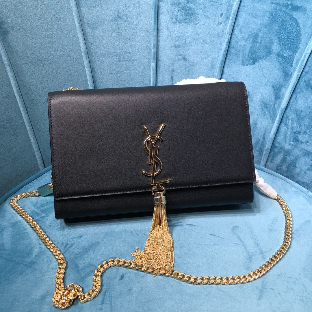 YSSL Kate Medium Chain Bag With Tassel In Grain De Poudre Black For Women 9in/24cm YSL 354119BOW0J1000