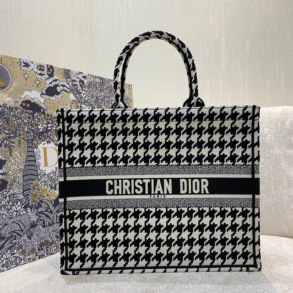 Dior Large Book Tote Black Houndstooth Embroidery, Black/White, For Women Women’s Handbags, Shoulder Bags, 42cm CD