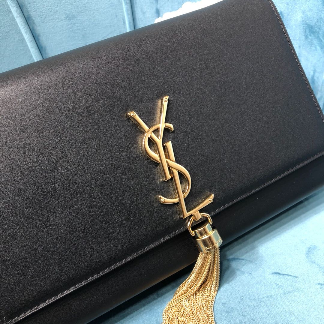 YSSL Kate Medium Chain Bag With Tassel In Grain De Poudre Black For Women 9in/24cm YSL 354119BOW0J1000