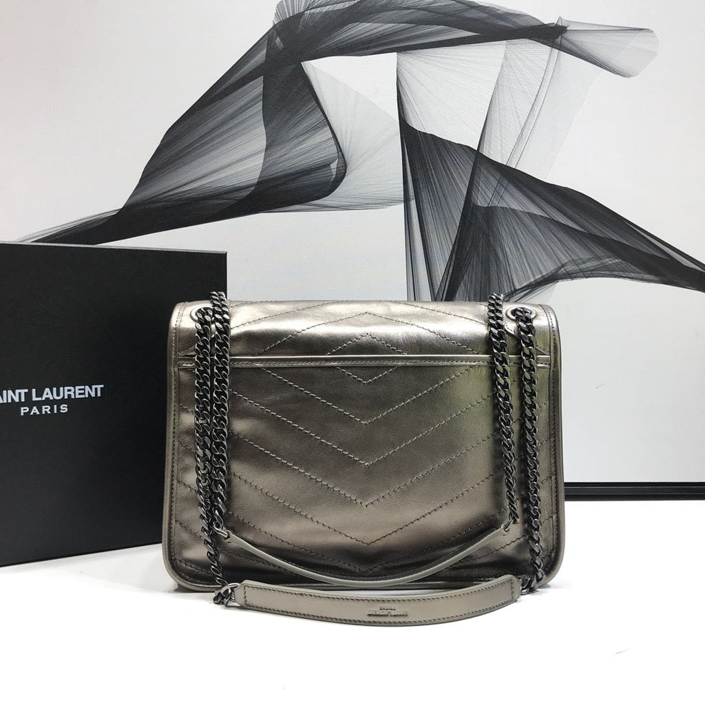 YSSL Niki Medium Chain Bag In Crinkled Â Silver For Women 11in/28cm YSLÂ 