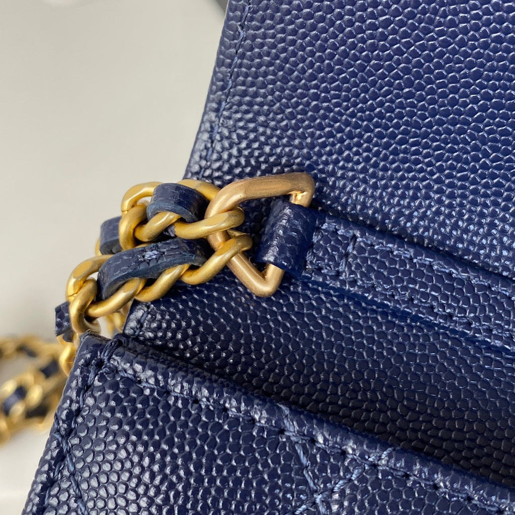 Chanel Clutch With Chain Gold Hardware Grained Shinny Navy Blue For Women Handbags, Shoulder Bags 4.7in/12cm AP2857