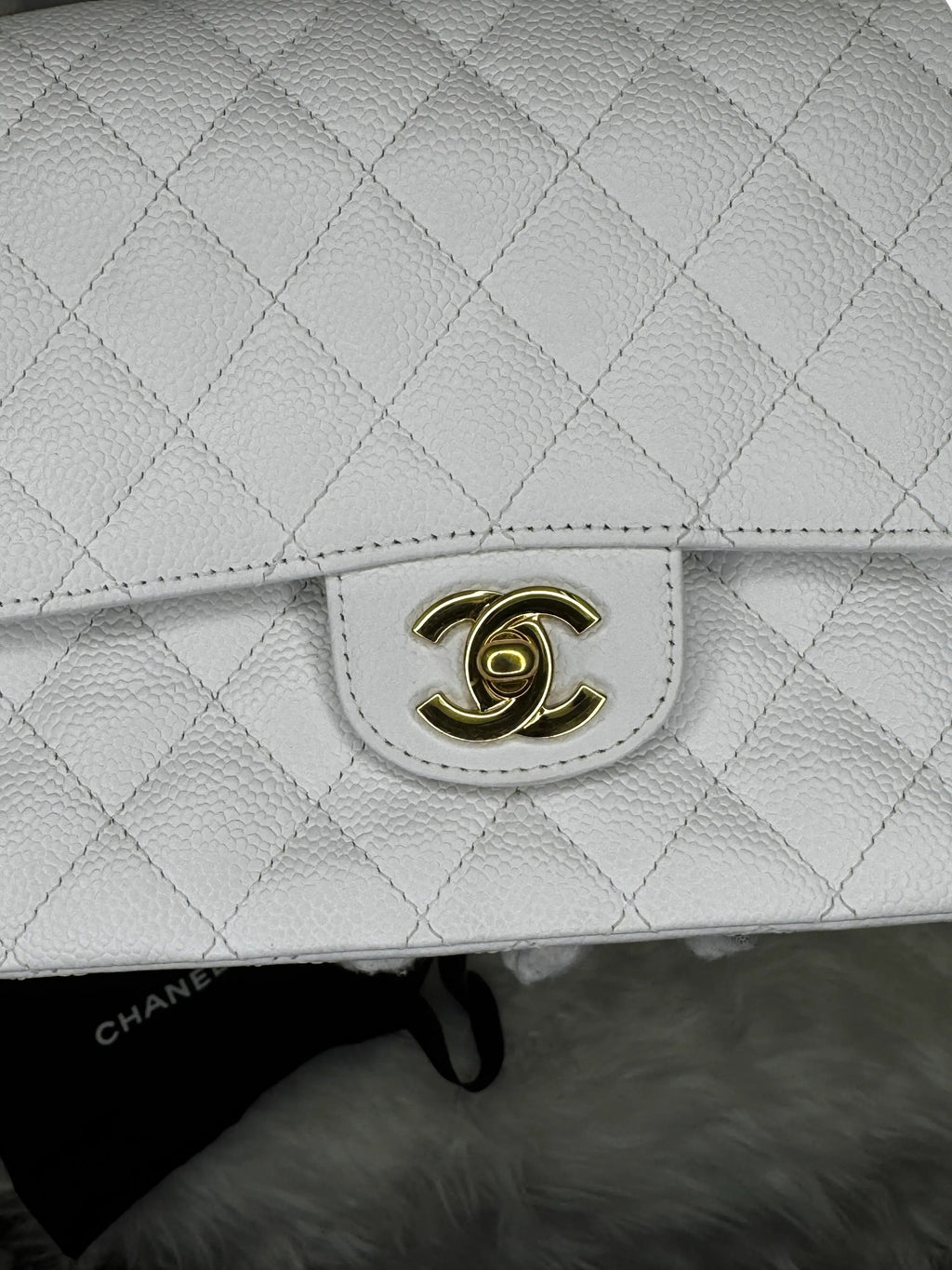 Chanel Classic Double Flap Bag White Caviar With Gold-toned Hardware B20-01