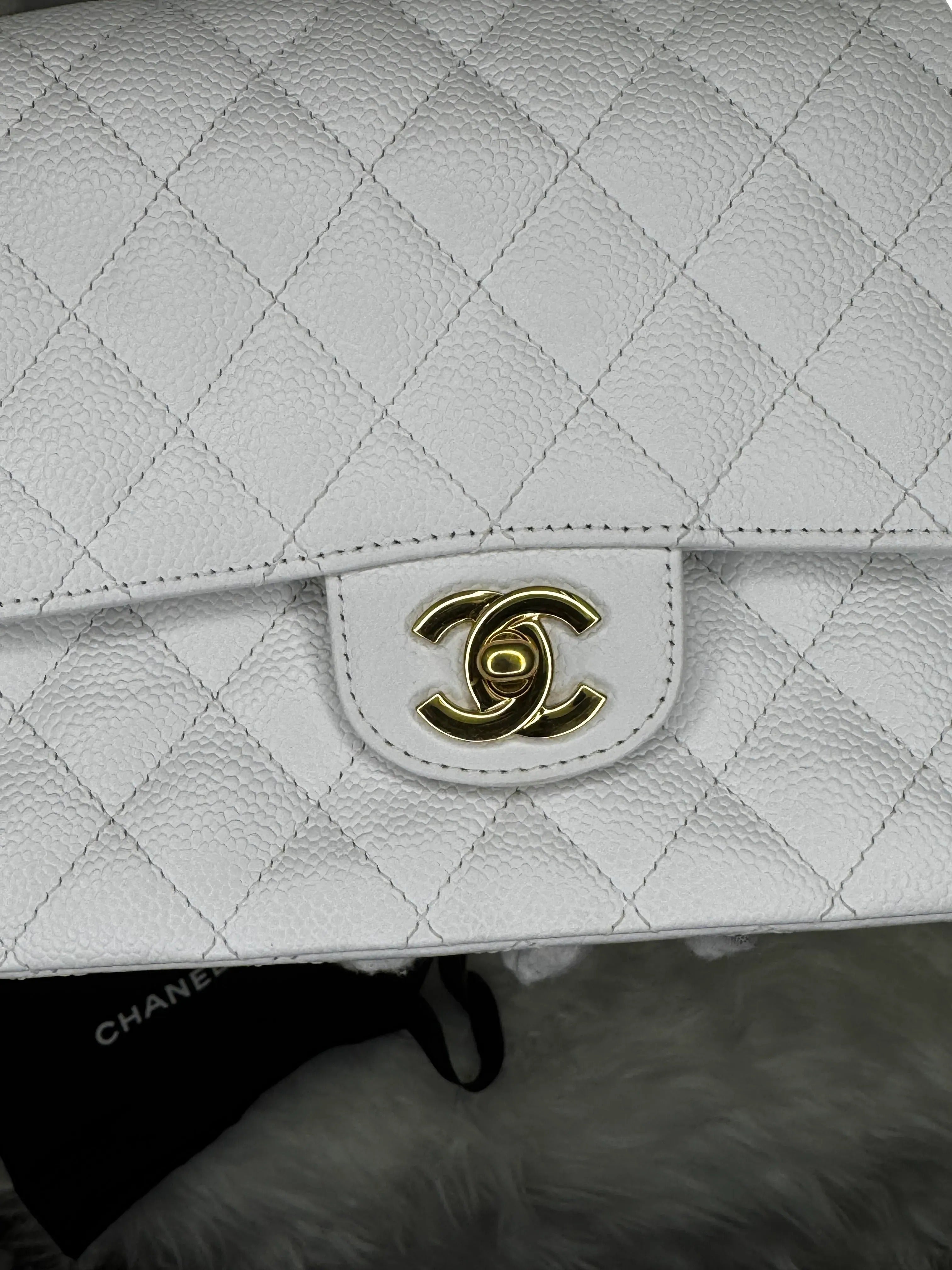 Chanel Classic Double Flap Bag White Caviar With Gold-toned Hardware B20-01