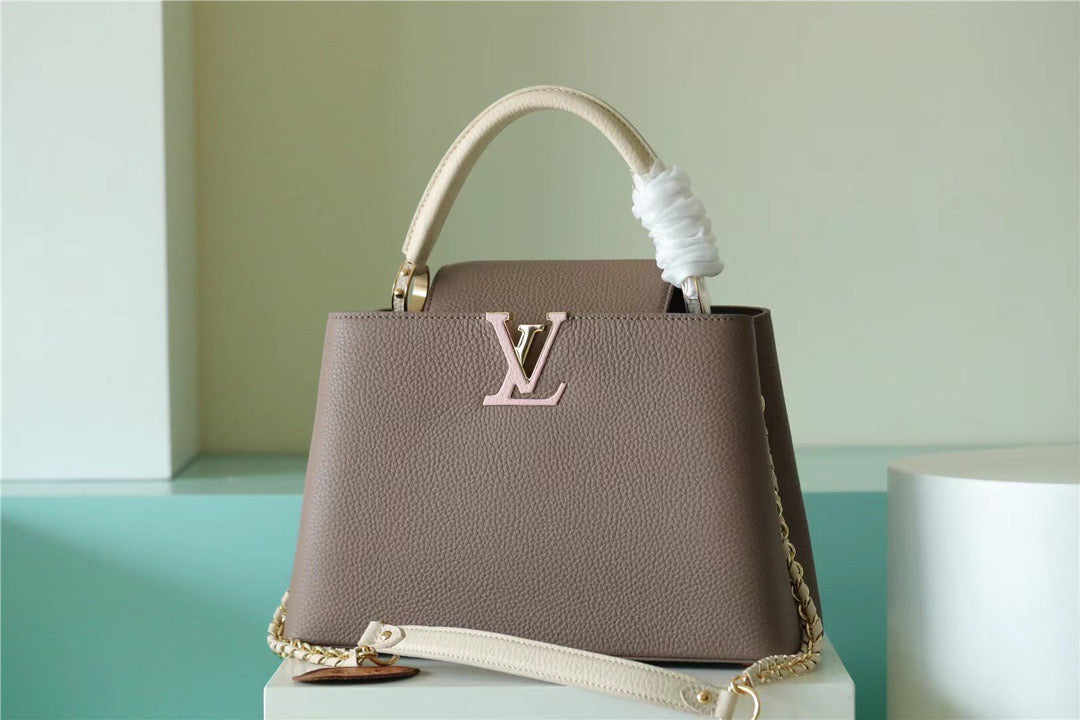 Louis Vuitton Capucines MM Taurillon Smokey Brown Green/ Creme/ Pink For Women, WomenÃƒÂ¢Ã¢â€šÂ¬Ã¢â€žÂ¢s Bags, Shoulder And Crossbody Bags 12.4in/31.5cm Louis Vuitton M59516