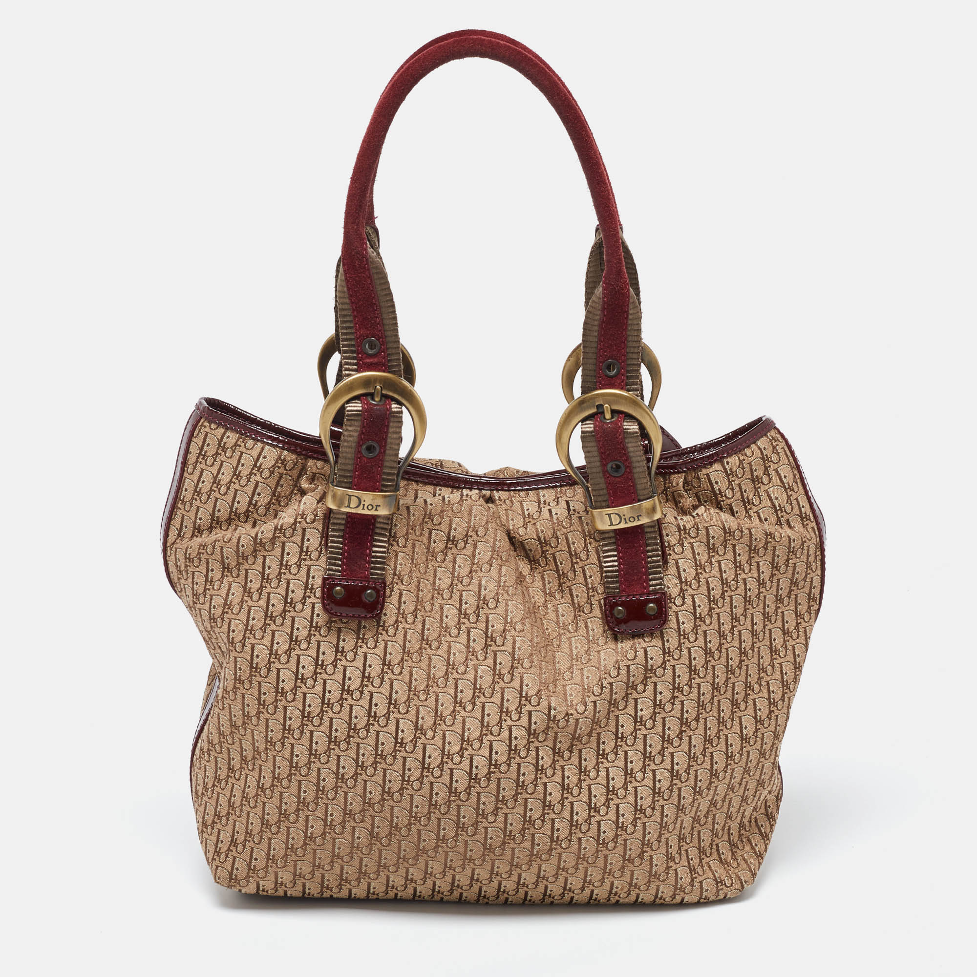 Dior Beige/maroon Oblique Canvas Suede And  Leather Tote
