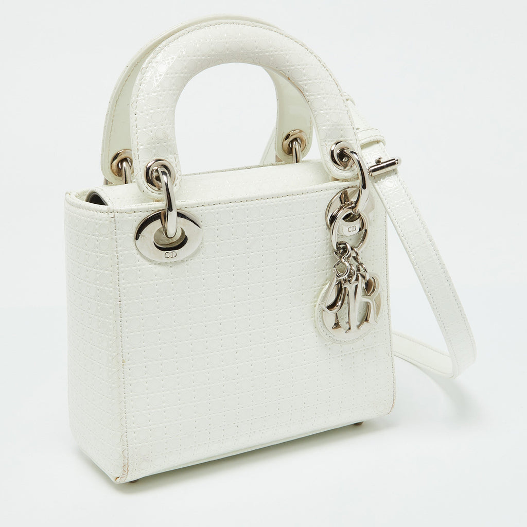 Dior White Microcannage  Leather Mini Lady Dior Tote
