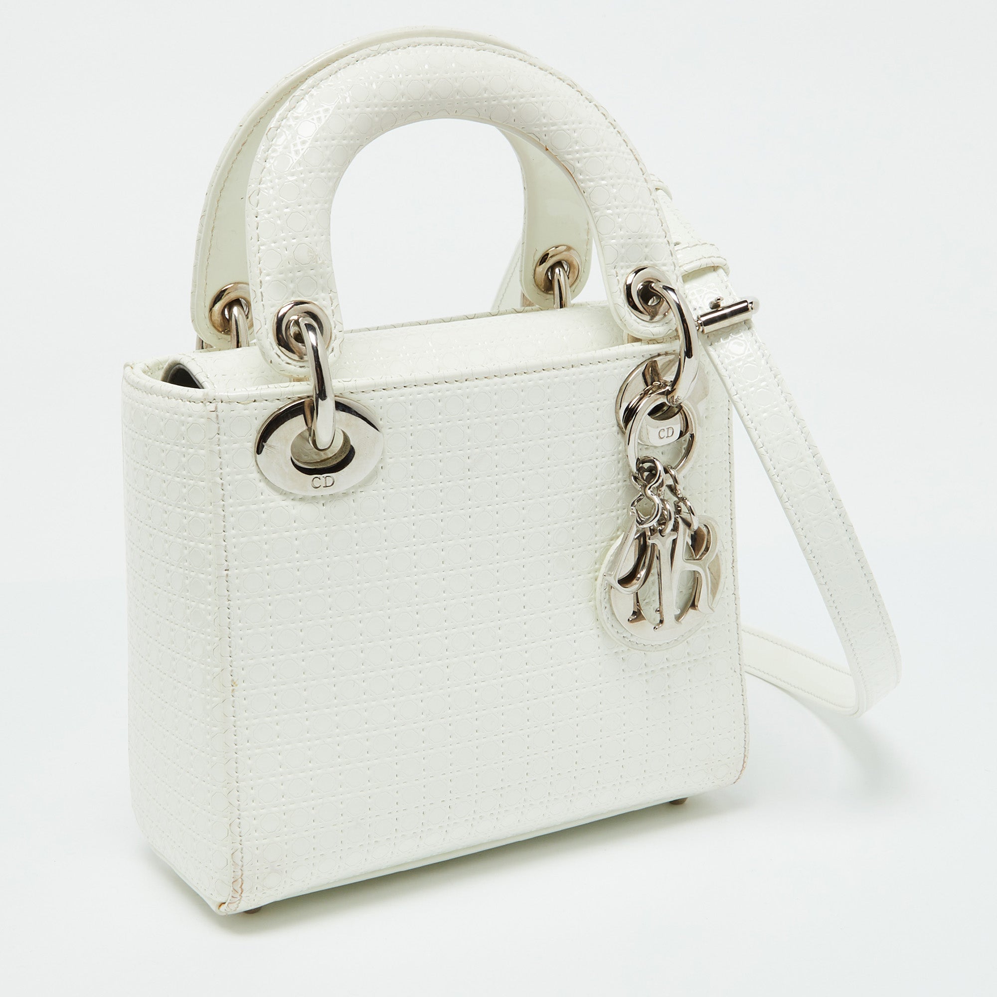 Dior White Microcannage  Leather Mini Lady Dior Tote