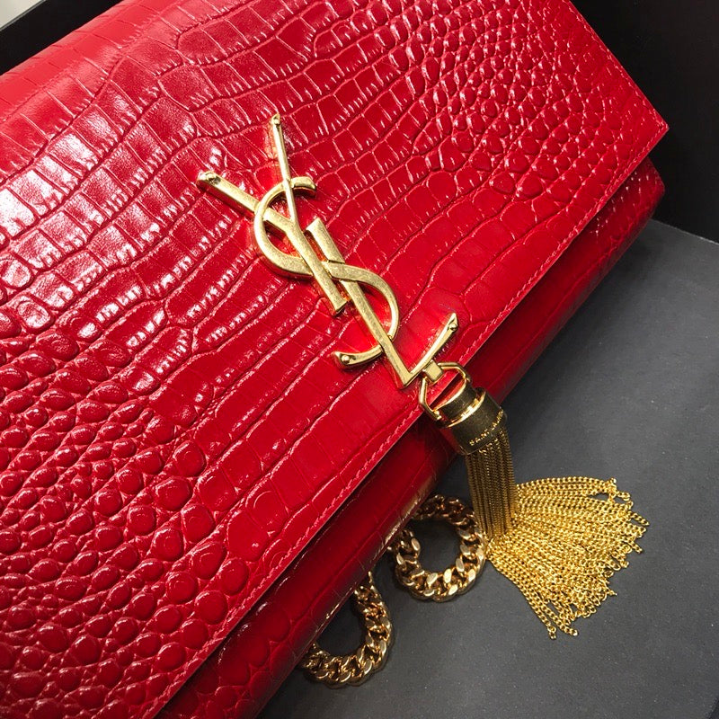 Top Quality Kate MeTop Qualityum Chain Bag With Tassel In Embossed CrocoTop Qualityle Red For Women 9.4in/24cm YSL