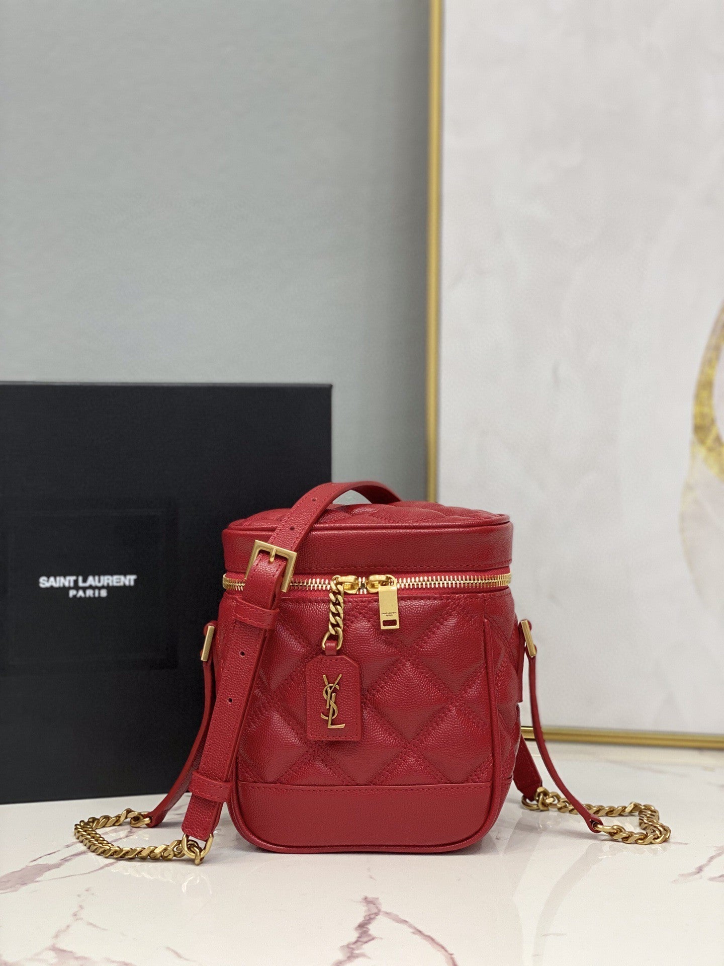 YSSL 80’s Vanity Bag In CarrÃ©-Quilted Grain De Poudre Red For Women 6in/16.5cm YSL 649779DME276805