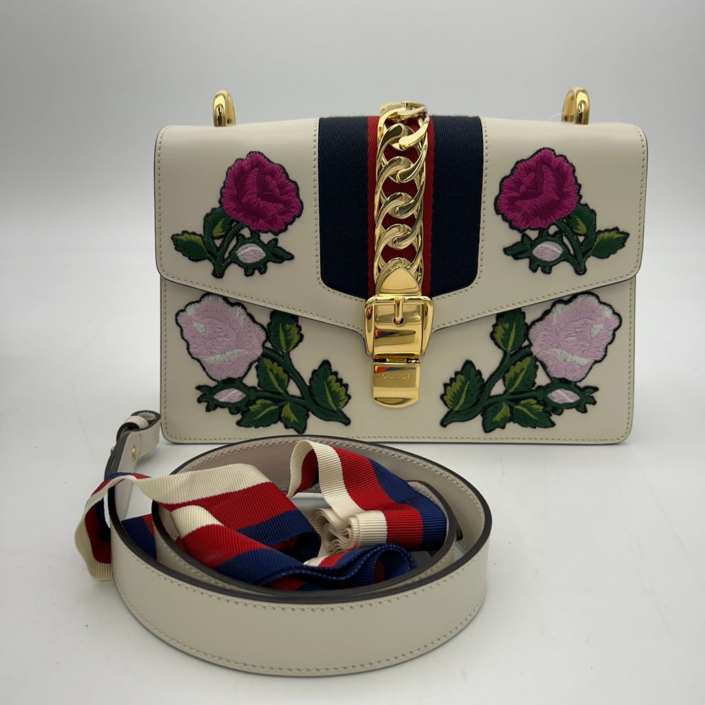 GUCCI SyLouis Vuittonie Shoulder Bag White Pink Multi Leather Floral Embroidery ITNS71BDBE3Q