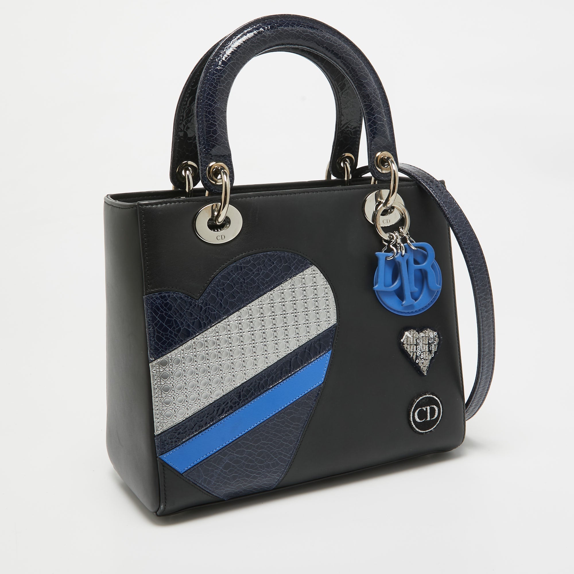 Dior Black/blue Crackled  And Leather Medium Patch Embellished  Lady Dior Tote