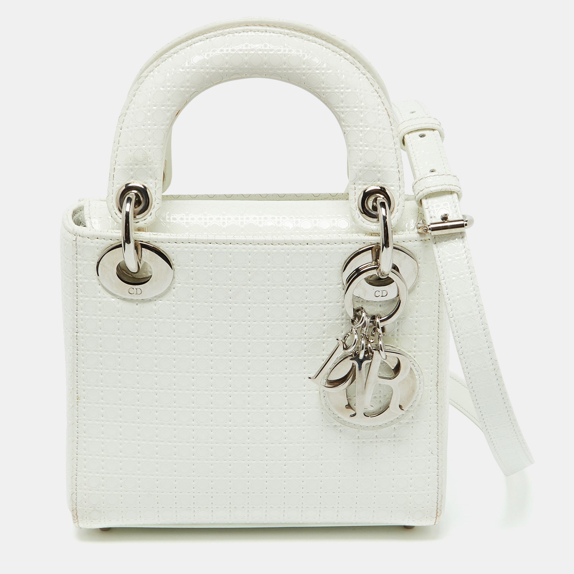 Dior White Microcannage  Leather Mini Lady Dior Tote