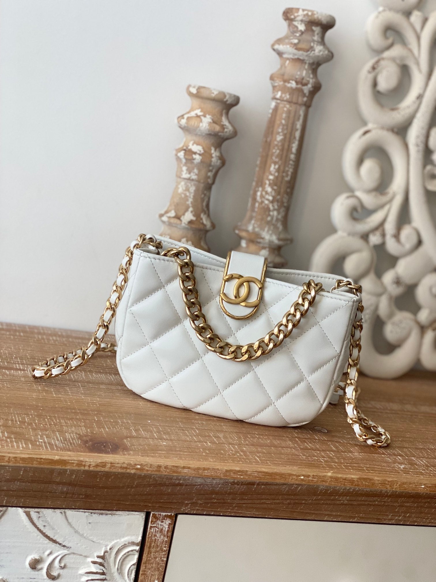 ChanelSmall Hobo Bag Gold Hardware White For Women Handbags, Shoulder Bags 7.5in/19cm