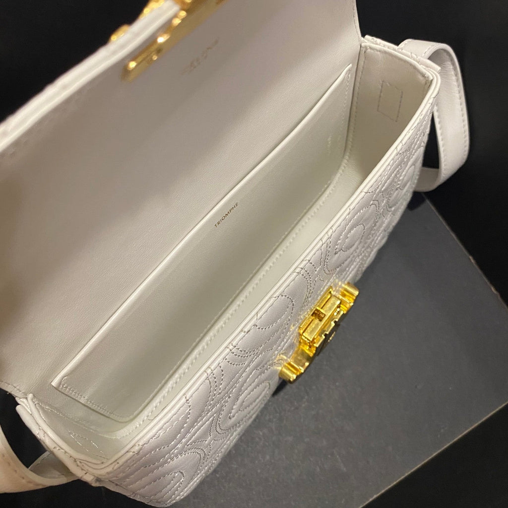 Celine Triomphe Shoulder Bag In Quilted Triomphe Lambskin White For Women 8in/20cm 194143EF4.01BC