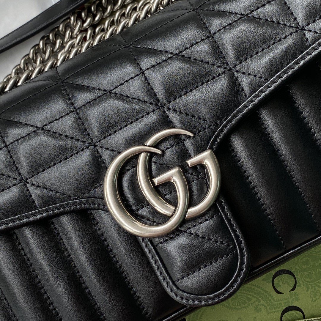 Gucci Marmont Small Shoulder Bag Black Matelassé For Women  10in/26cm 443497 UM8AN 1000