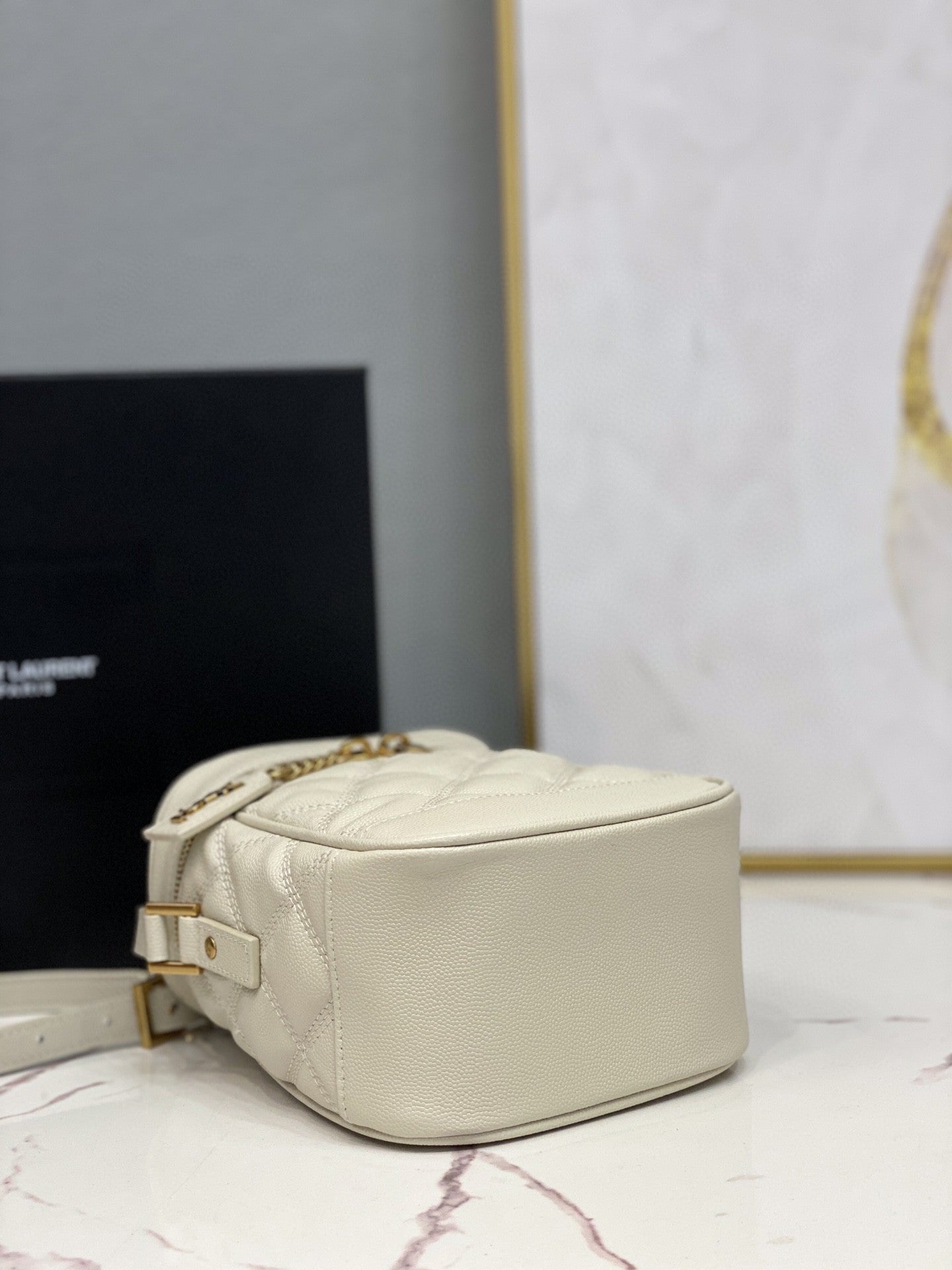 YSSL 80’s Vanity Bag In CarrÃ©-Quilted Grain De Poudre White For Women 6in/16.5cm YSL 649779DME279207