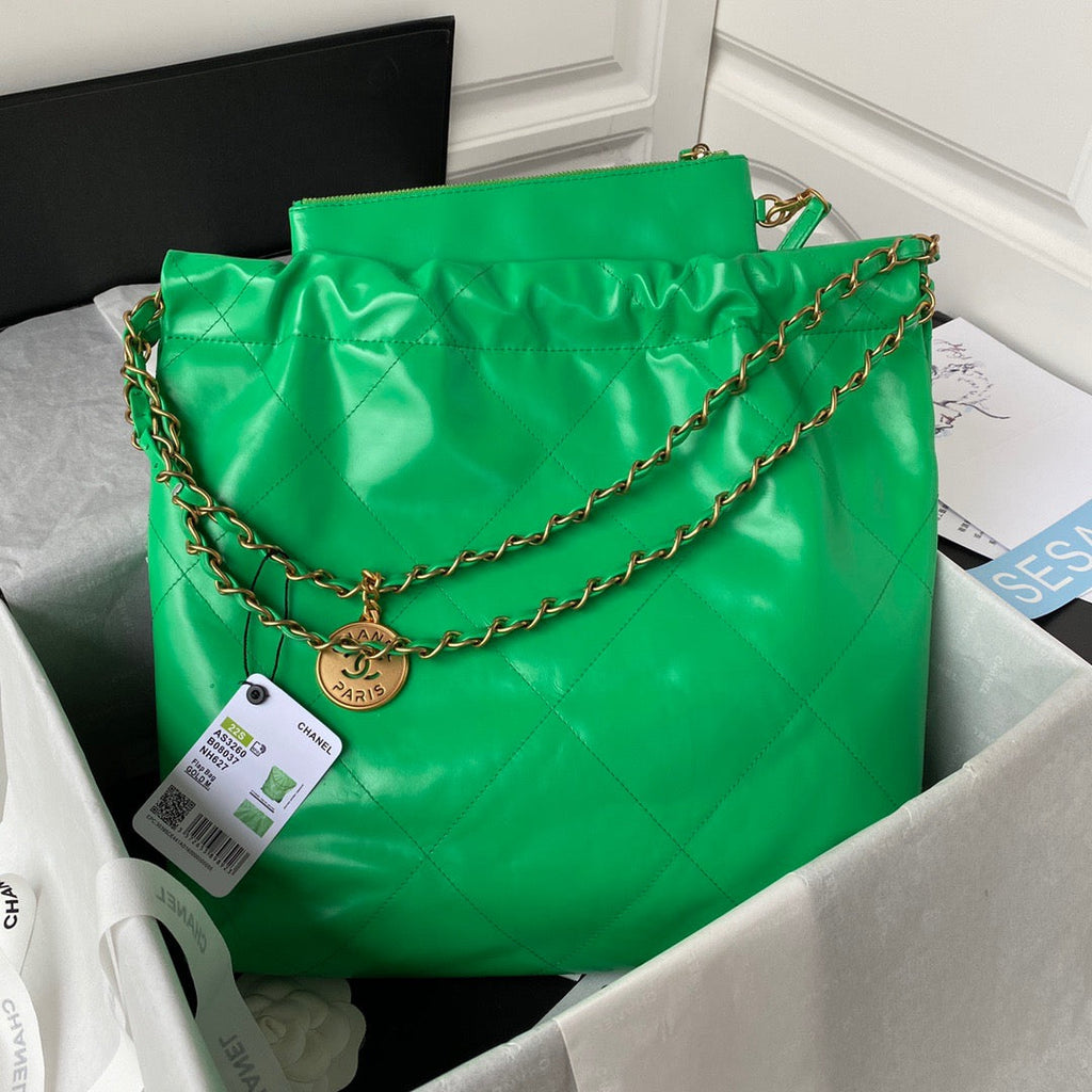 Chanel 22 Handbag Gold Hardware Shiny Green For Women Handbags, Shoulder Bags 16.5in/38cm AS3261