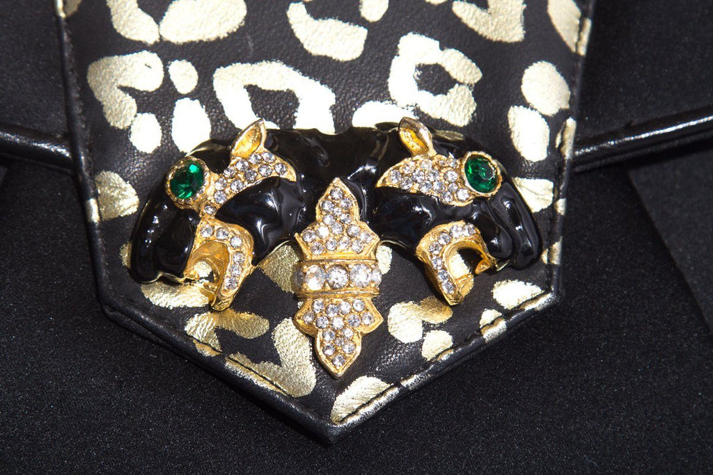 Sharif Black Satin Leopard Rhinestone Evening Clutch