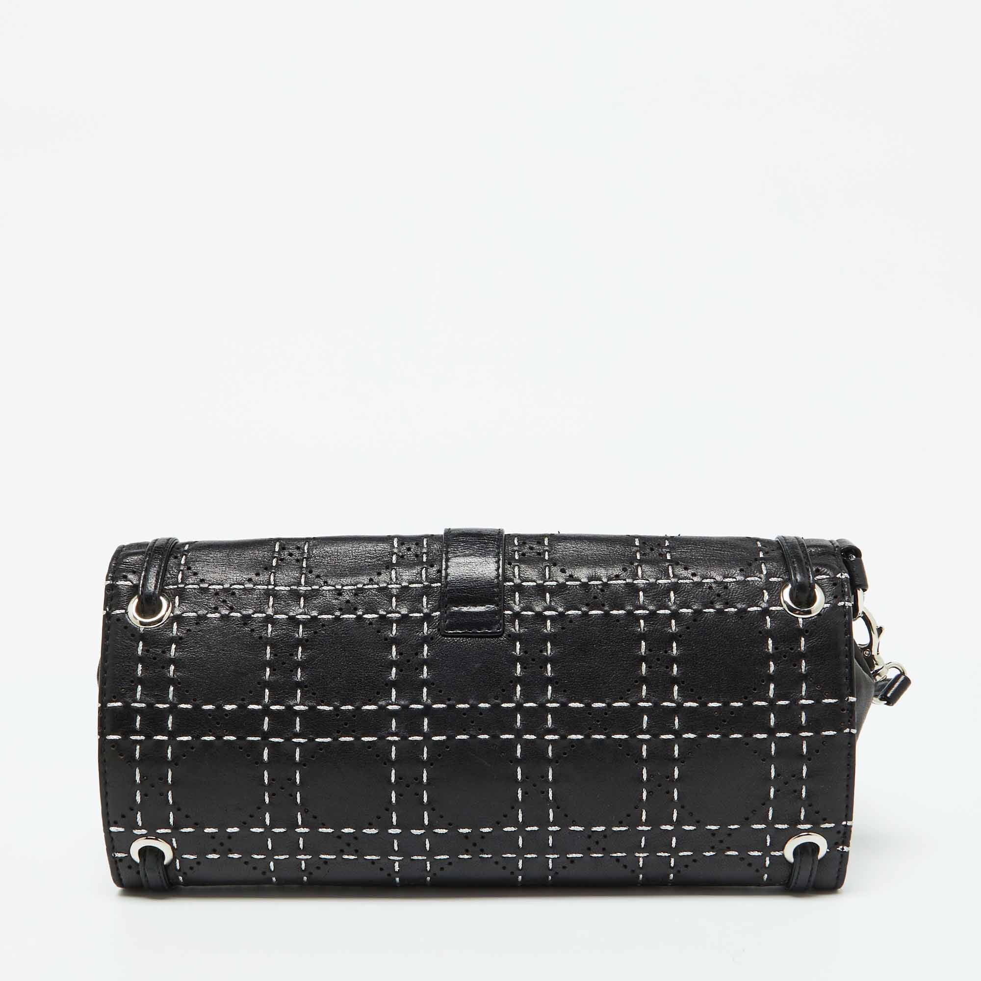 Dior Black Leather Cannage Perforated Stitched Flap Clutch