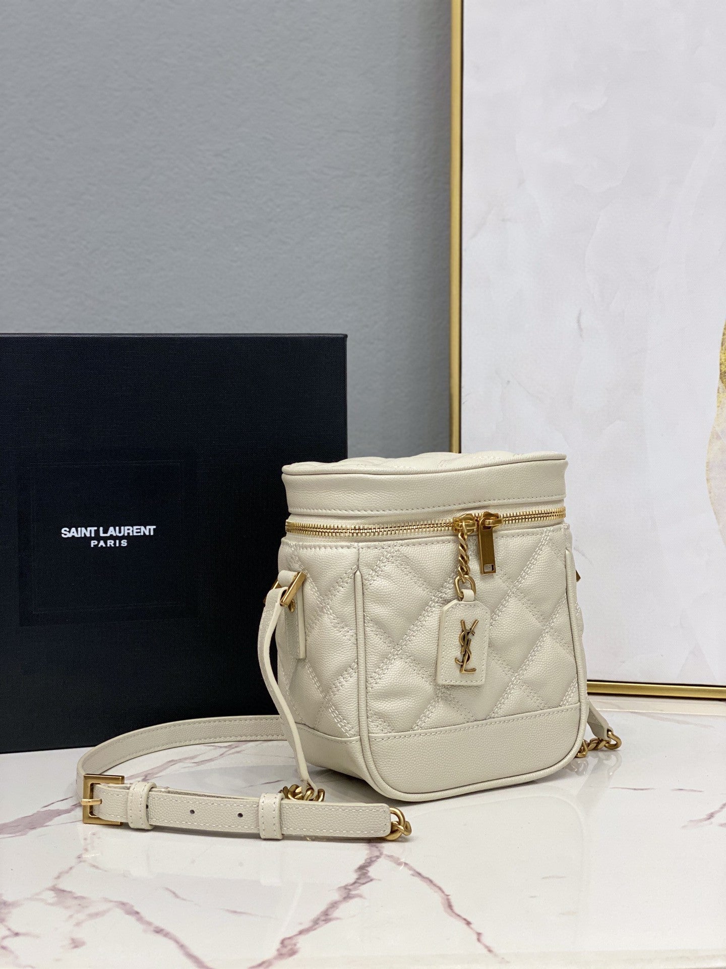 YSSL 80’s Vanity Bag In CarrÃ©-Quilted Grain De Poudre White For Women 6in/16.5cm YSL 649779DME279207