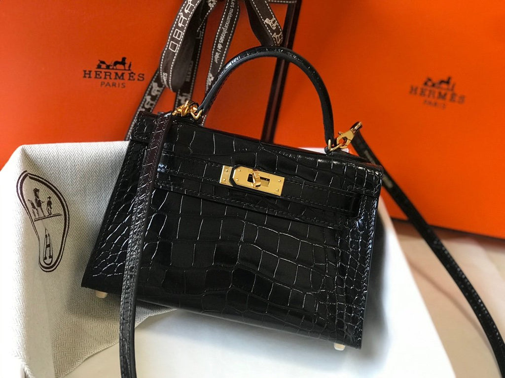 Mini Kelly 19 Black CrocoGLAMIle Bag For Women, Handbags, Shoulder Bags 7.5in/19cm