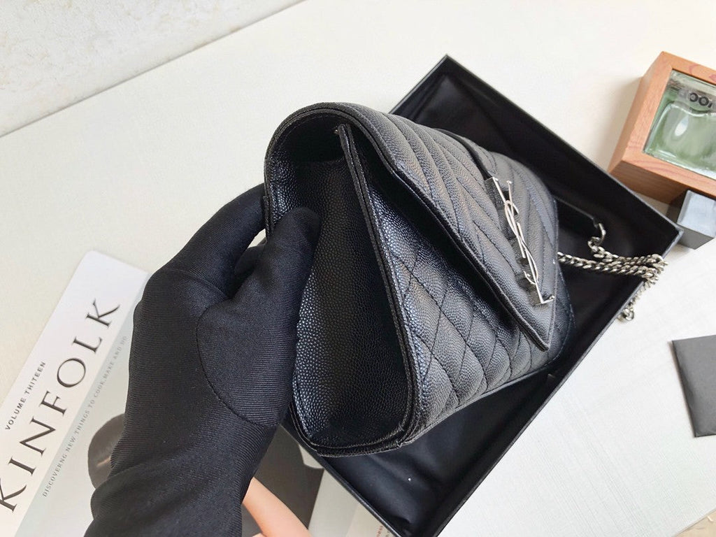 Top Quality Envelope Small Bag In Mix MatelassÃ© Grain De Poudre Black For Women 8.2in/21cm YSL 600195BOW921000