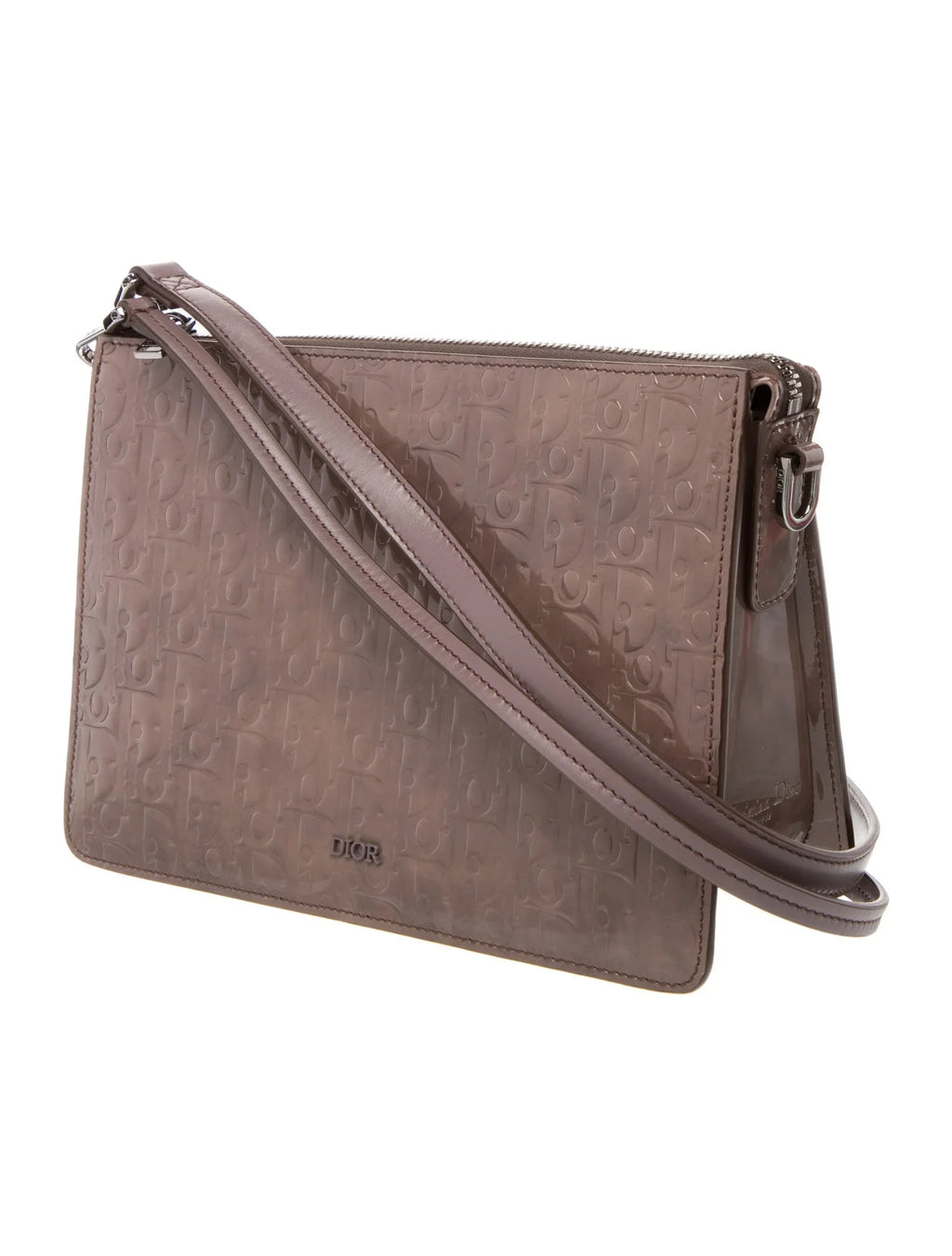 Christian Dior Hand Monogram Oblique Glossy Gray Patent_Leather Clutche & Pouche Bag (Pre-Owned)