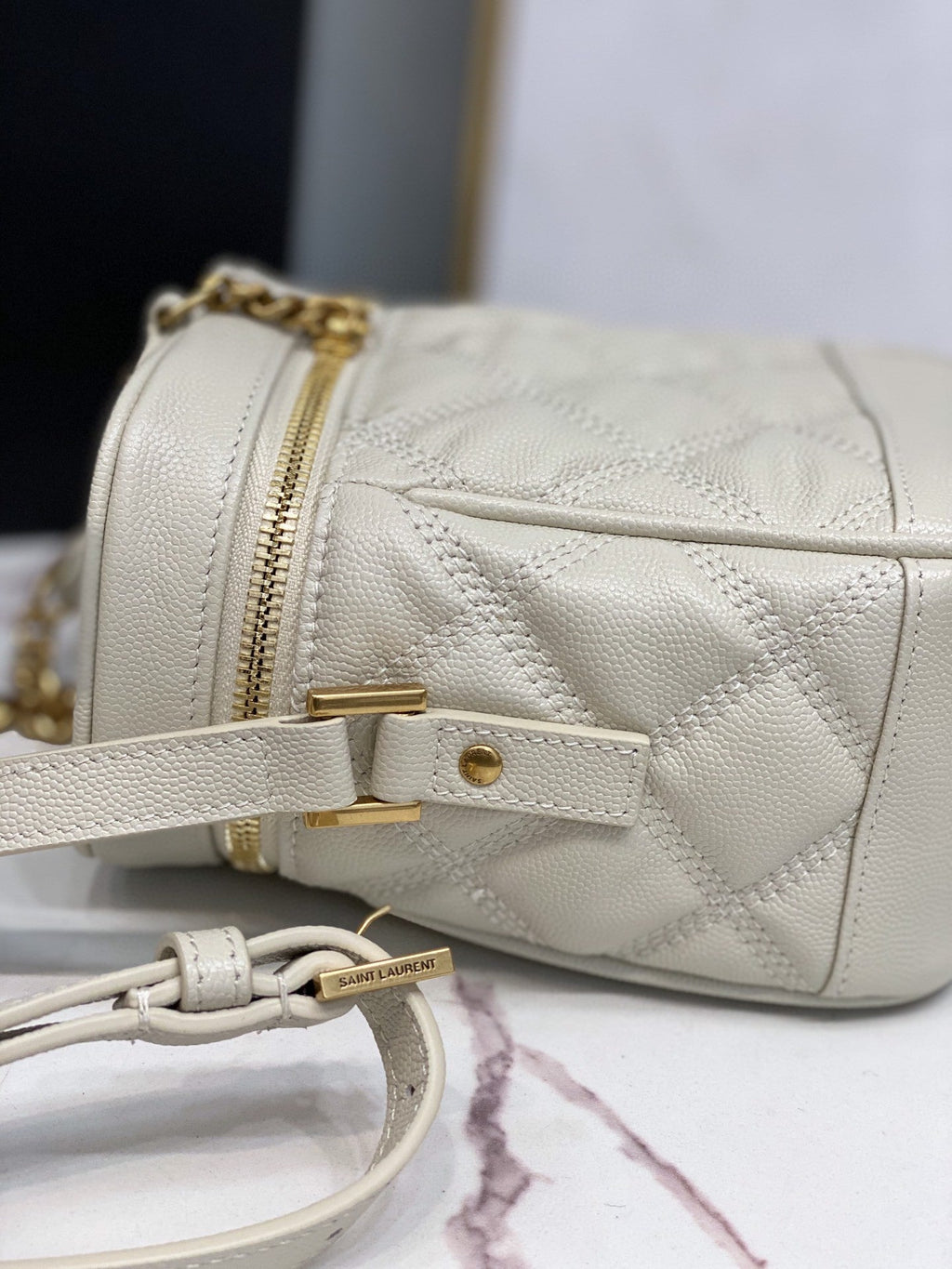 YSSL 80’s Vanity Bag In CarrÃ©-Quilted Grain De Poudre White For Women 6in/16.5cm YSL 649779DME279207