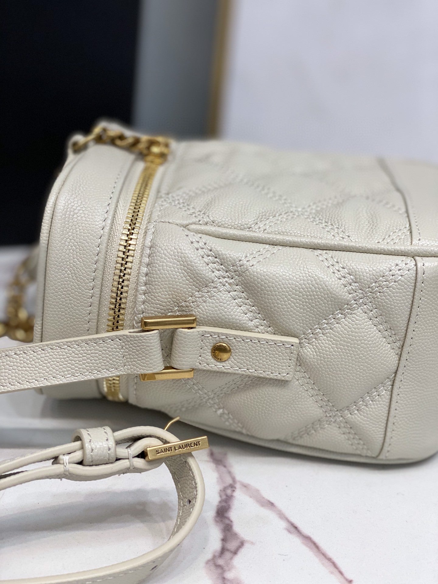 YSSL 80’s Vanity Bag In CarrÃ©-Quilted Grain De Poudre White For Women 6in/16.5cm YSL 649779DME279207