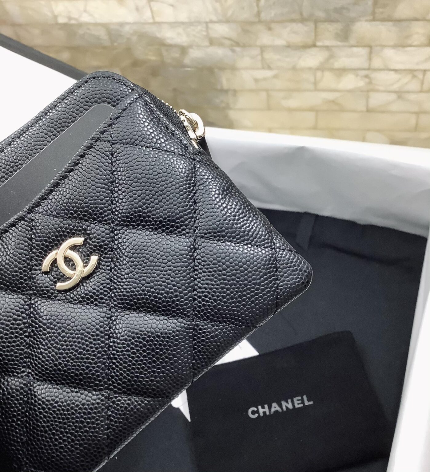 Chanel CHL  QUILTED ZIP CARD HOLDER BLACK WALLET