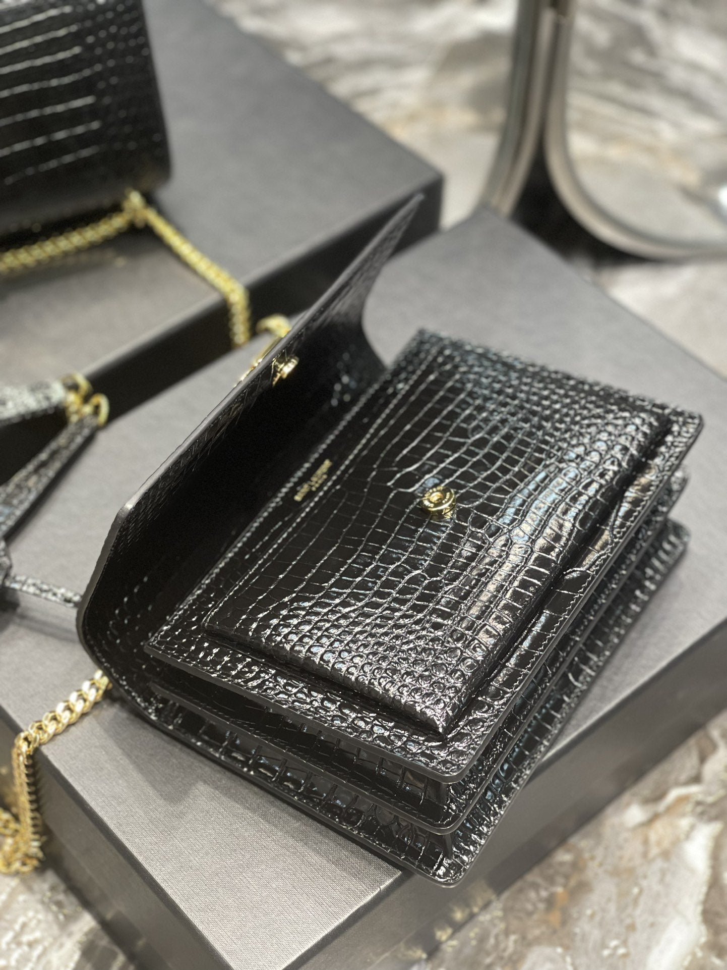 YSSL Sunset Medium Chain Bag For Women 8in/22cm Black YSL 442906DND0J1000