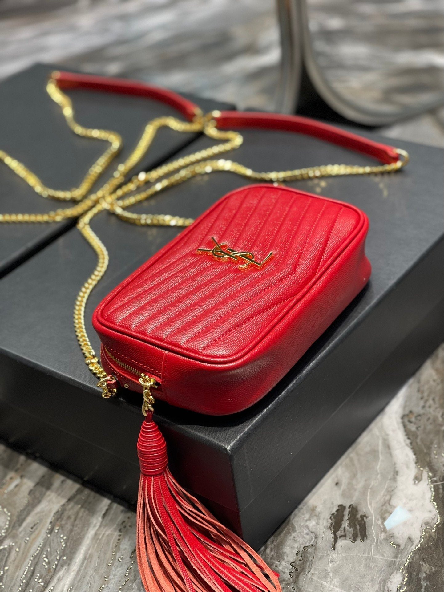 YSSL Lou Mini Bag Red In Quilted Grain De Poudre With Gold Hardware For Women 7in/19cm YSl 6125791GF076008