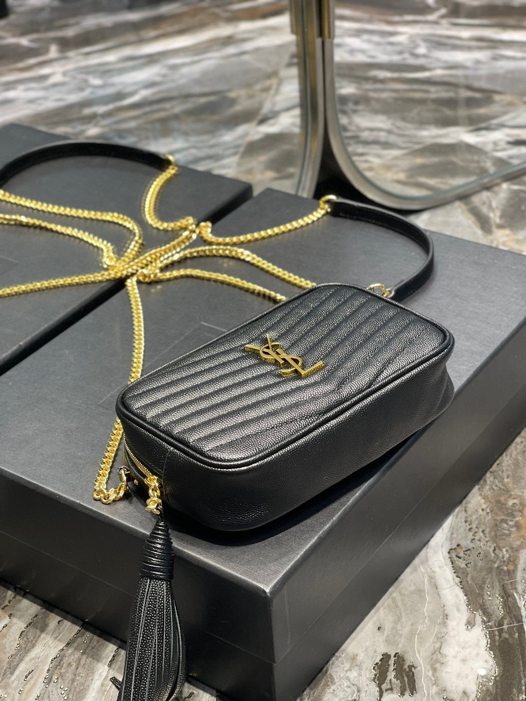 YSSL Lou Mini Bag Black In Quilted Grain De Poudre With Gold Hardware For Women 7in/19cm YSl 6125791GF011000