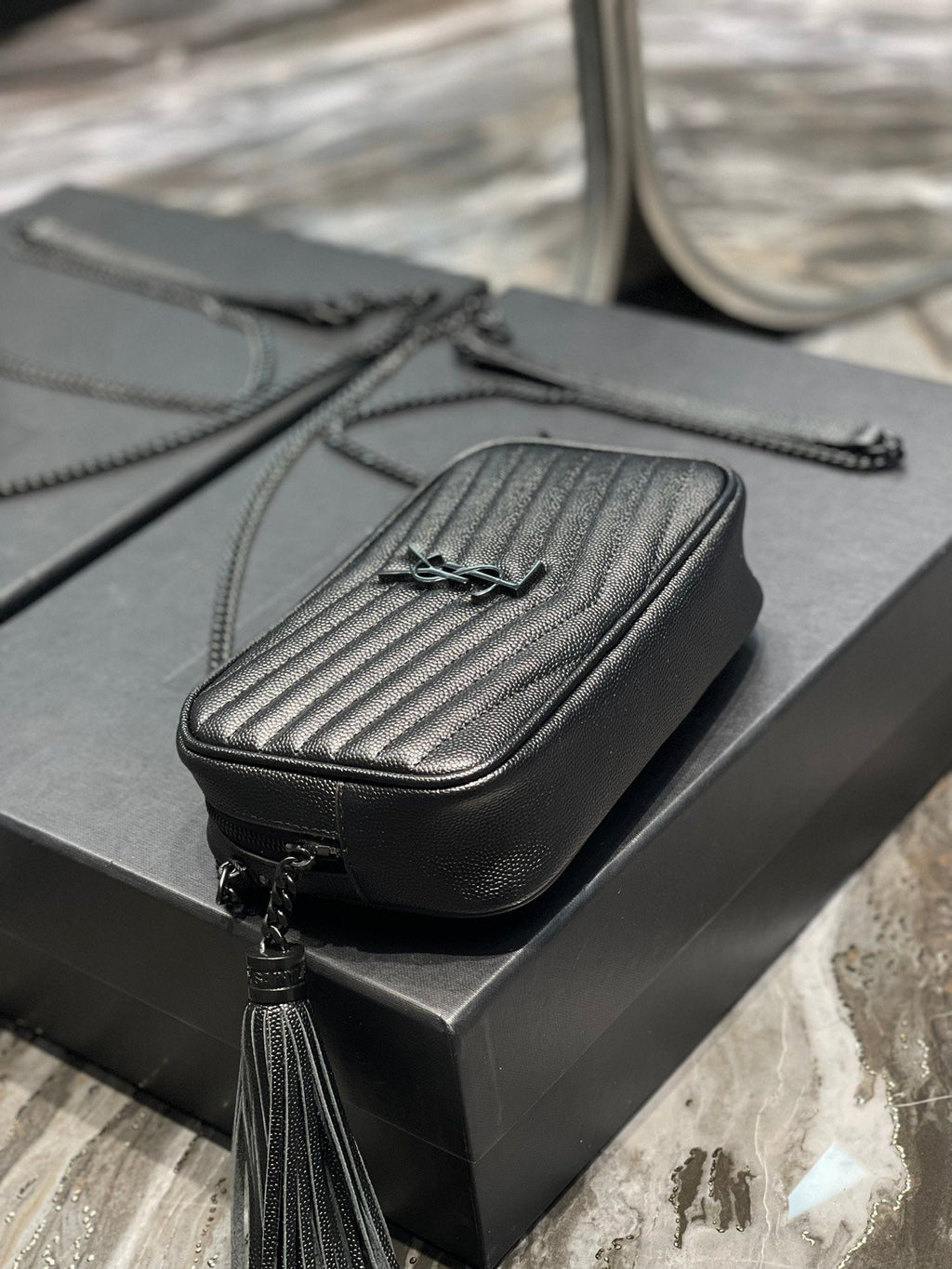 YSSL Lou Mini Bag Black In Quilted Grain De Poudre With Metal Toned Hardware For Women 7in/19cm YSl 6125791GF081000
