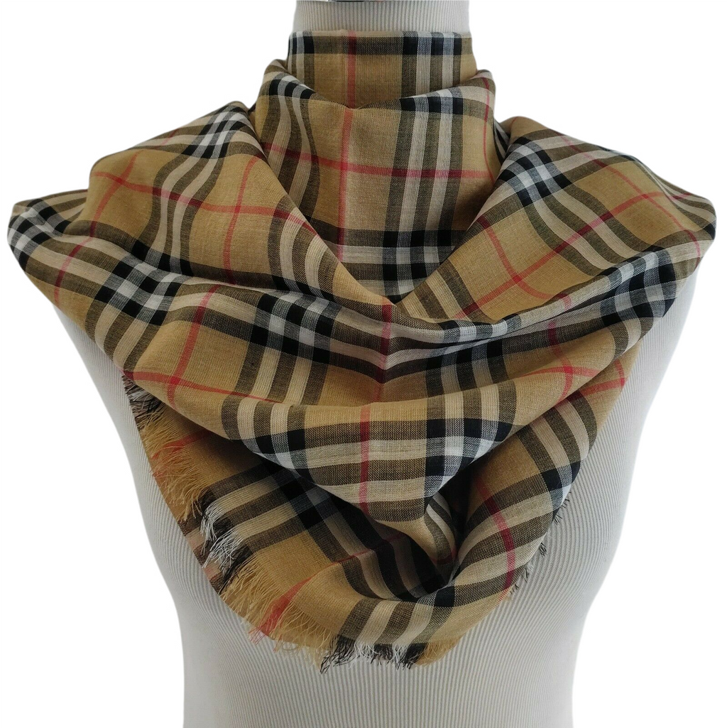 Burberry Classic Gauze Vintage Brown Checker Wool Silk Scarf