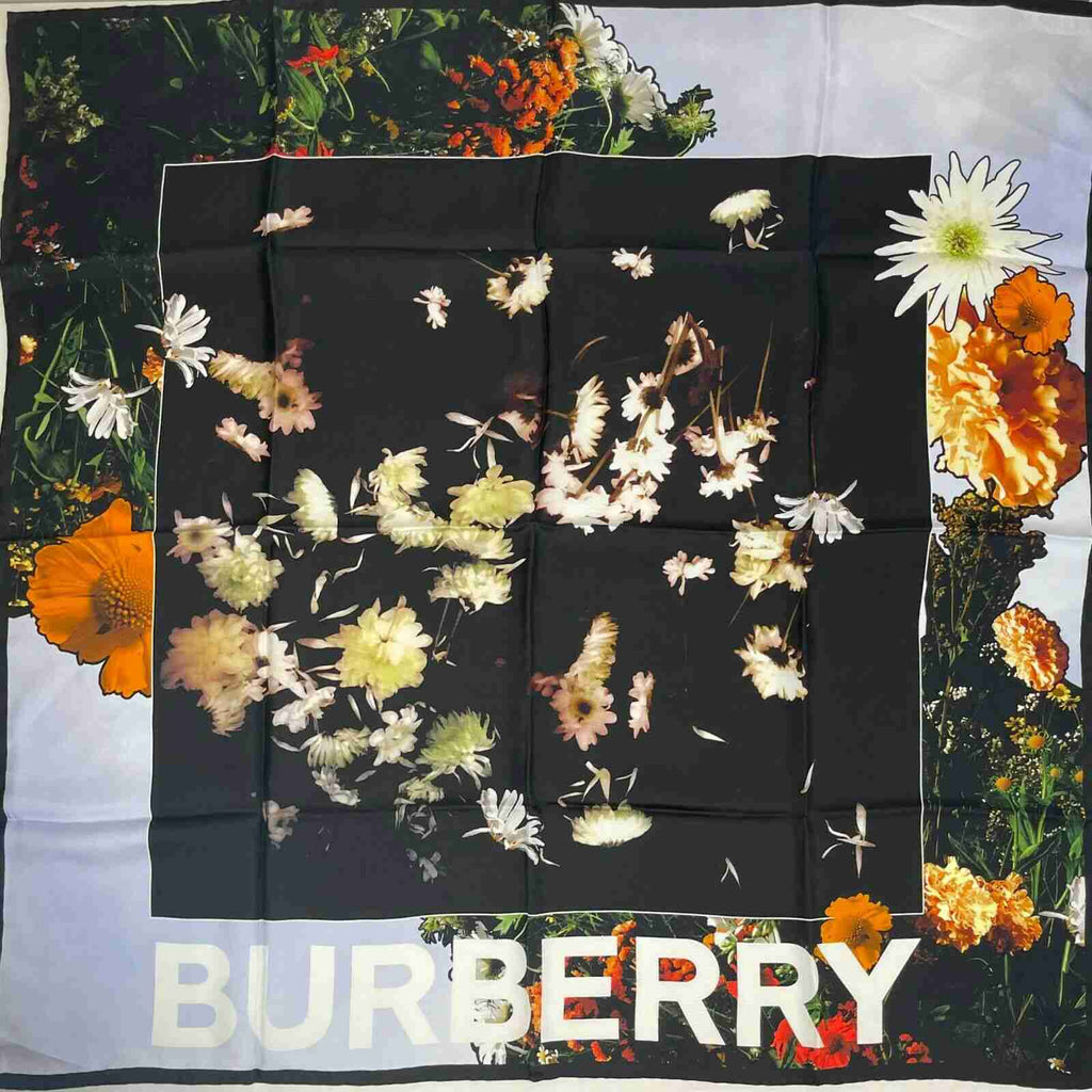 Burberry Women's Black Silk Square Scarf with Flower Print