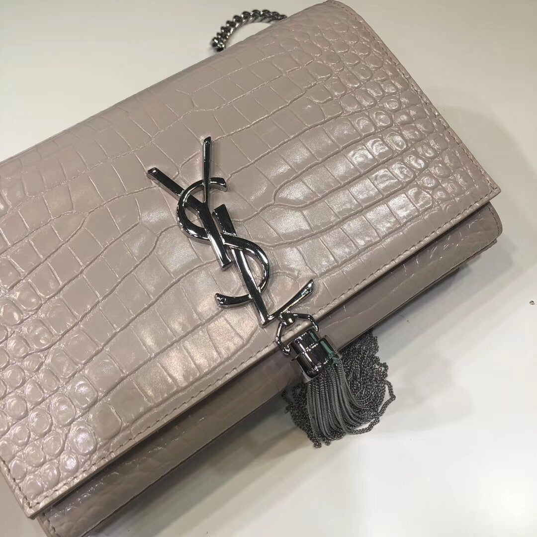 Top Quality Kate Small Chain Bag With Tassel In Embossed Beige For Women 7.8in/20cm YSLÂ 