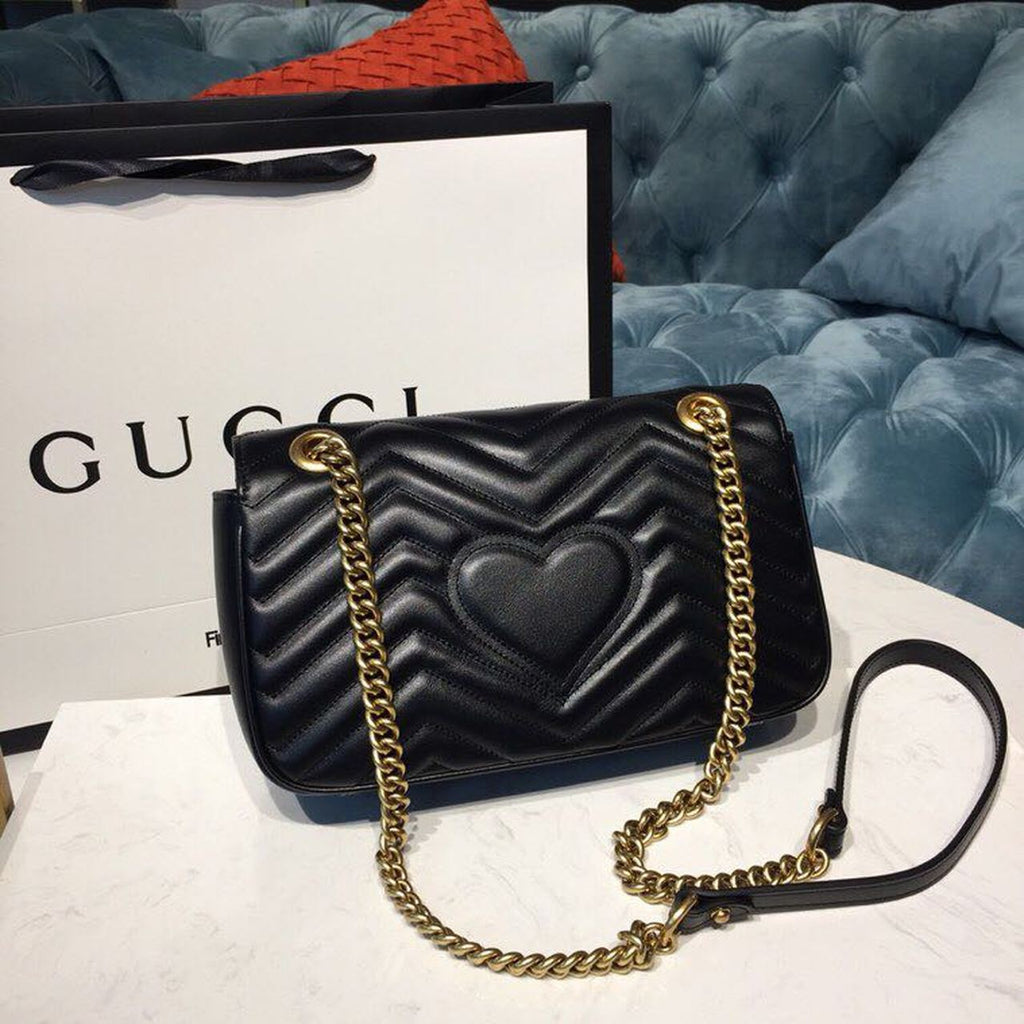 Gucci Marmont Small Matelassé Shoulder Bag Black Matelassé Chevron With A Heart For Women 10in/22cm Gucci 446744 DTDiorT 1000