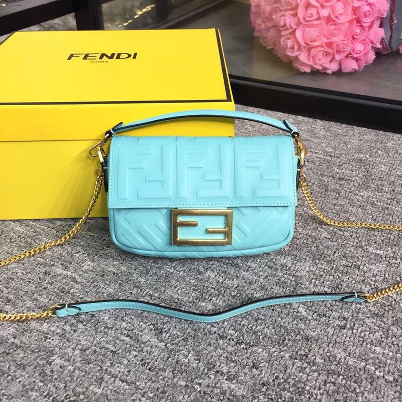 Baguette Nappa Light Blue For Women, Women’s Handbags, Shoulder And Crossbody Bags 7.4in/19cm FF 8BS017