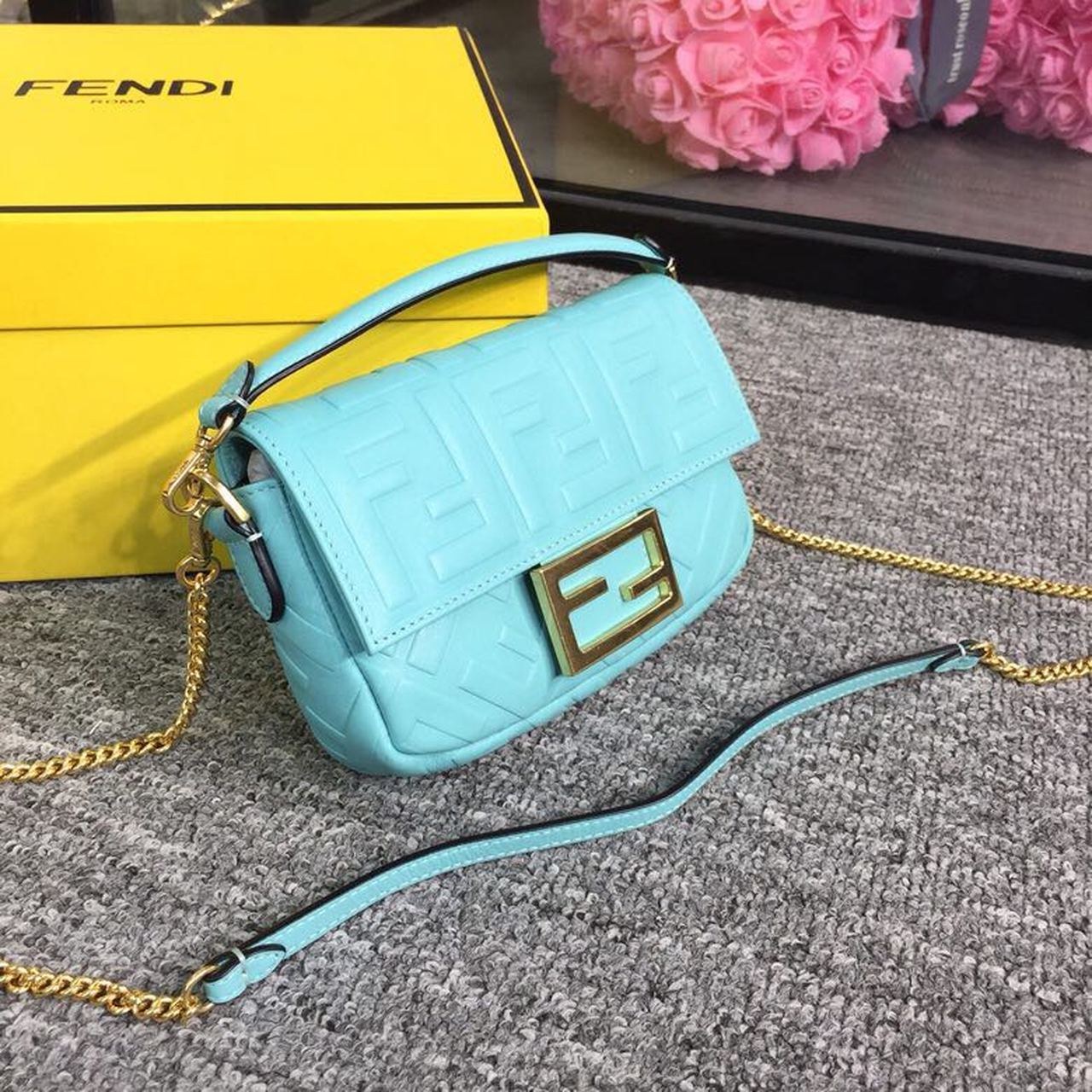 Baguette Nappa Light Blue For Women, Women’s Handbags, Shoulder And Crossbody Bags 7.4in/19cm FF 8BS017