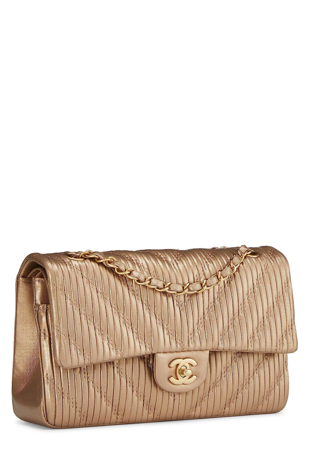Chanel,  Gold Chevron Pleated Lambskin Classic Double Flap Medium, Gold