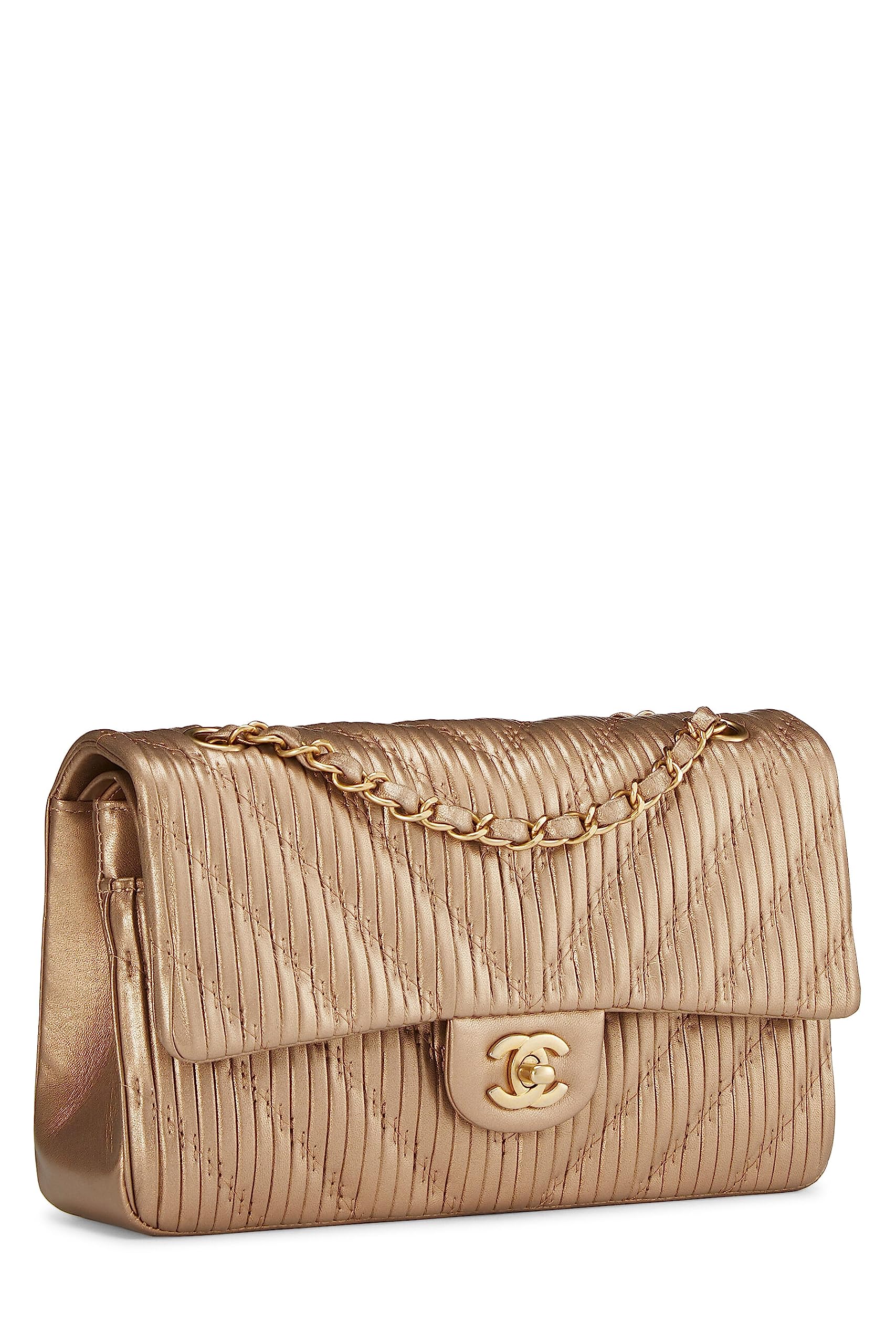 Chanel,  Gold Chevron Pleated Lambskin Classic Double Flap Medium, Gold